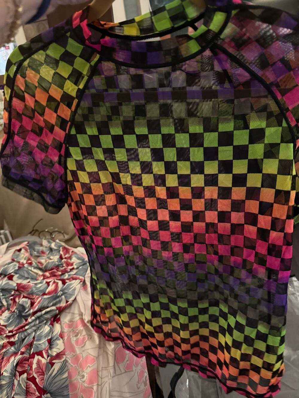 Speedo Authentic Fitness Vintage Neon Rainbow Checkerboard Mesh Tee